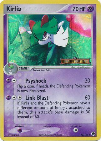A Pokémon trading card called Kirlia (32/101) (Stamped) [EX: Dragon Frontiers] featuring Kirlia with 70 HP. It's a Stage 1 Psychic-type and an Uncommon card from the Dragon Frontiers series, showcasing Kirlia's image. It details two moves: Psyshock, which can paralyze, and Link Blast, which deals varying damage based on energy. Artist: Hajime Kusajima.