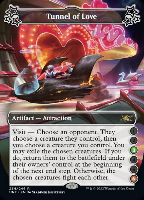 A "Magic: The Gathering" card titled "Tunnel of Love (3-6) [Unfinity]" with a heart-themed attraction ride artwork. It depicts two characters in love riding a swan boat. This Rare Unfinity Artifact Attraction boasts visit-related gameplay mechanics, vibrant colors, and romantic visuals.