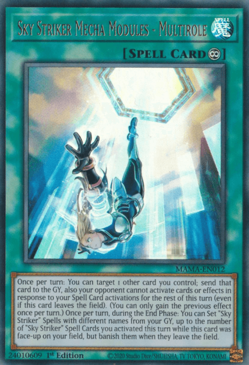 An image of a Yu-Gi-Oh! Spell Card named Sky Striker Mecha Modules - Multirole [MAMA-EN012] Ultra Rare. This Continuous Spell features a teal border with a holographic design. The artwork depicts a figure falling through a glowing portal in a futuristic setting, reminiscent of the Magnificent Mavens. Card text details its effects and usage in gameplay.