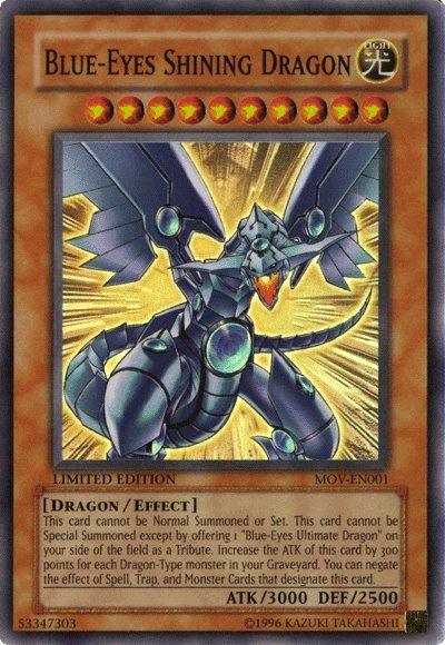 The Yu-Gi-Oh! trading card titled "Blue-Eyes Shining Dragon" [MOV-EN001] Super Rare features an illustration of a mechanical dragon. This limited edition Effect Monster boasts an ATK of 3000 and DEF of 2500, with detailed summoning conditions and effects described on the card.