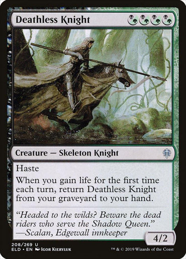 A Magic: The Gathering card titled "Deathless Knight [Throne of Eldraine]" from the Throne of Eldraine set, featuring a Skeleton Knight riding a skeletal horse through a forest. The card's black border frames its abilities: Haste, and returning to hand upon gaining life. Power/Toughness: 4/2.