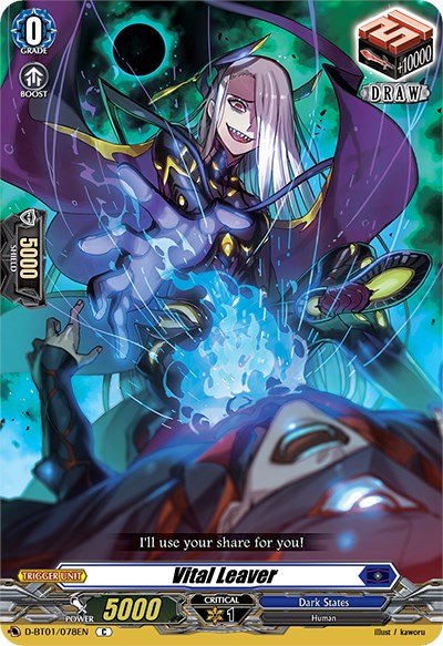 Introducing the Bushiroad trading card "Vital Leaver (D-BT01/078EN) [Genesis of the Five Greats]," featuring a fantasy-themed character from the "Dark States" clan. The character is depicted in a dark, ornate outfit with long white hair, wielding a glowing dagger amidst swirling blue energy. This Grade 0 card boasts stats including 5000 Power and Critical 1 and includes the intriguing text: "I’ll