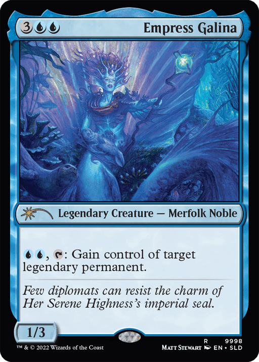 A Magic: The Gathering trading card, titled "Empress Galina [Secret Lair Drop Series]." This rare, legendary creature depicts an aquatic humanoid with an ornate headdress and flowing robes amidst underwater scenery. The card has a casting cost of 3 and two blue mana, with power/toughness of 1/3. It includes abilities and flavor text.