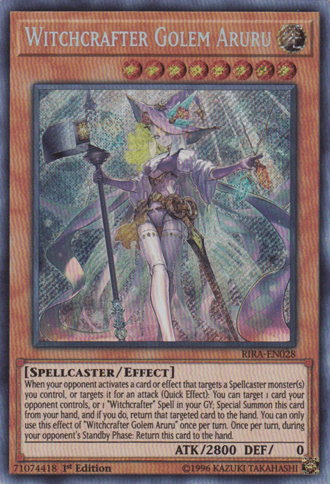 A Yu-Gi-Oh! product titled "Witchcrafter Golem Aruru [RIRA-EN028] Secret Rare" from the Rising Rampage set. It depicts a spellcaster-type character in a flowing, purple witch's outfit with a large hat, holding a magical staff. The card boasts 2800 attack points and 0 defense points, with its effect text and card ID clearly visible.