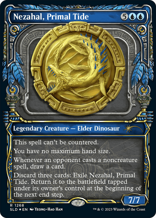 A "Magic: The Gathering" card titled "Nezahal, Primal Tide (Halo Foil) [Secret Lair Drop Series]," a Legendary Creature - Elder Dinosaur. It costs 5 generic and 2 blue mana, and has a 7/7 power and toughness. Part of the Secret Lair Drop Series, the card features multiple abilities and a gold dinosaur emblem in its artwork.