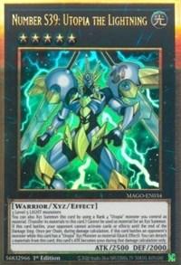 Image of the "Number S39: Utopia the Lightning [MAGO-EN034] Gold Rare" Yu-Gi-Oh! trading card. The card depicts a blue and yellow armored Xyz Monster warrior with electrical energy surrounding it. It has 2500 attack and 2000 defense points, and its type is "Warrior/Xyz/Effect." The card ID is "MAGO-EN014" and