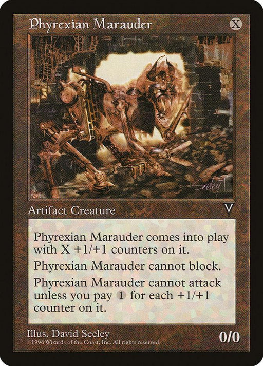 The image shows a Magic: The Gathering card named "Phyrexian Marauder [Visions]," an Artifact Creature with an initial power/toughness of 0/0. Its rules text outlines its abilities and requirements. The artwork depicts a Phyrexian Construct with exposed gears and metal limbs, framed by a brown border.