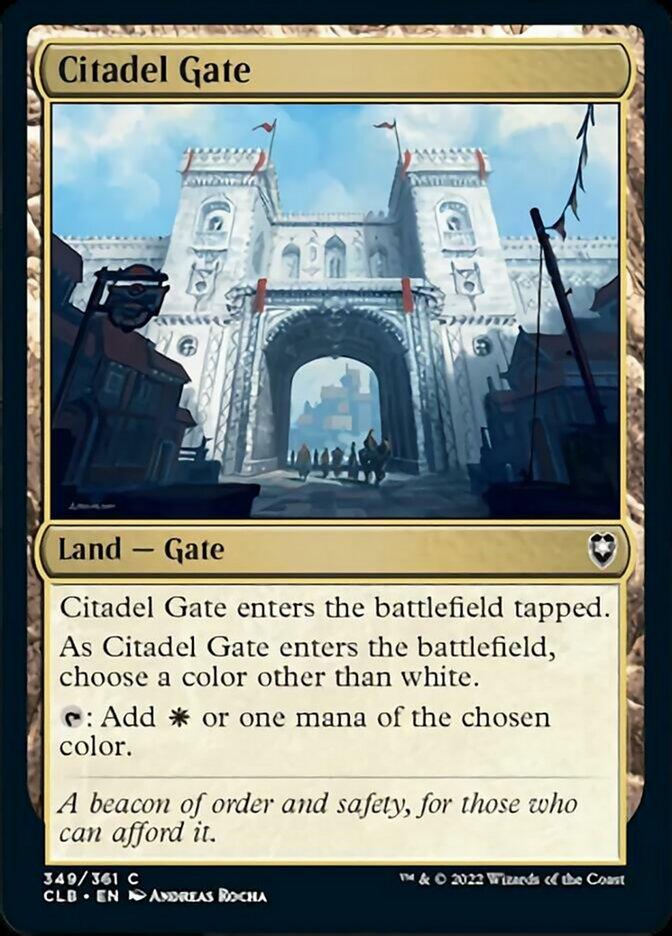 The image shows a Magic: The Gathering card named "Citadel Gate [Commander Legends: Battle for Baldur's Gate]" from the Magic: The Gathering series. Listed as "Land — Gate," its artwork features a fortified gate with two towers and a large arched entrance, through which a bright sky is visible. The card text describes its game mechanics and flavor.