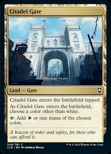 The image shows a Magic: The Gathering card named "Citadel Gate [Commander Legends: Battle for Baldur's Gate]" from the Magic: The Gathering series. Listed as "Land — Gate," its artwork features a fortified gate with two towers and a large arched entrance, through which a bright sky is visible. The card text describes its game mechanics and flavor.