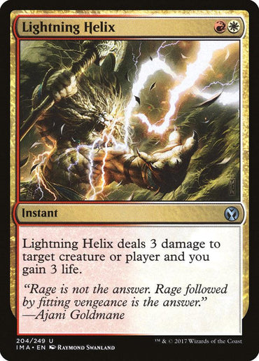 The Magic: The Gathering card "Lightning Helix" from the "Iconic Masters" set shows a warrior striking an enemy with lightning. As an "Instant," it inflicts 3 damage on any target and restores 3 life, enhanced by evocative flavor text.