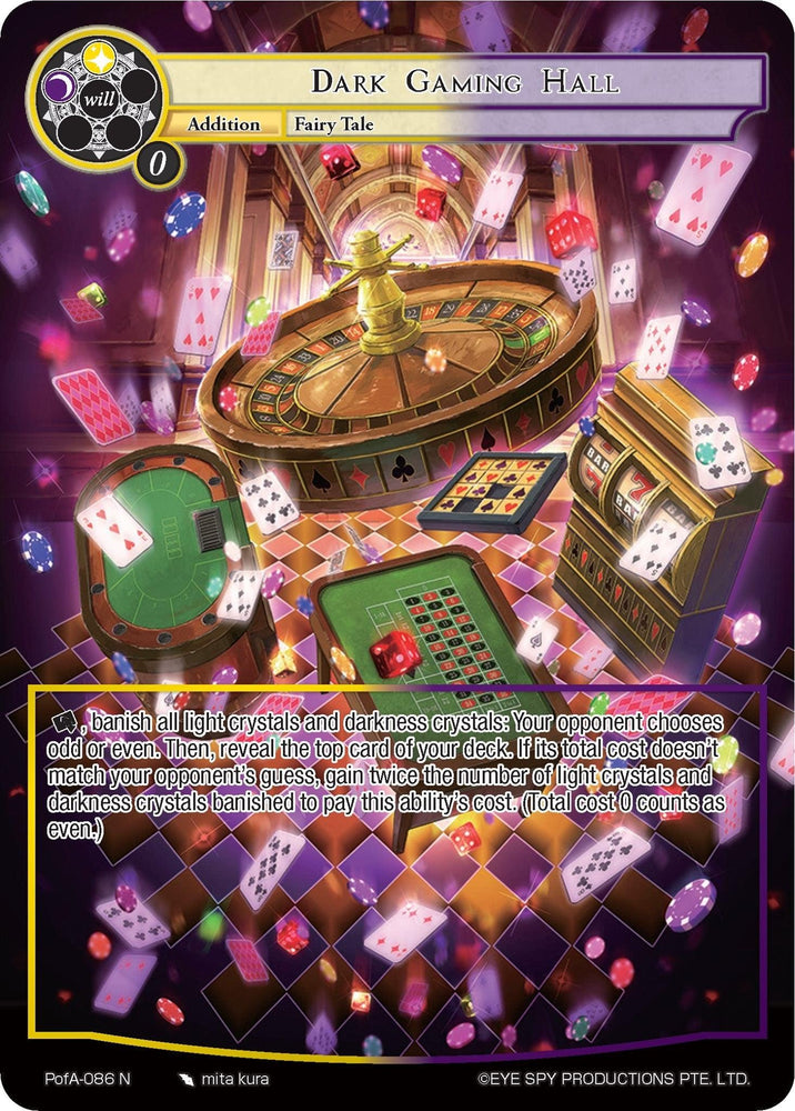 A fantasy-themed card titled "Dark Gaming Hall (Full Art) (PofA-086) [Alice Origin IV: Prologue of Attoractia]" from the "Force of Will" trading card game, part of the Alice Origin IV set. The card's artwork, inspired by Attoractia, shows a magical casino scene with floating cards, poker chips, dice, a roulette wheel, and a slot machine. Glowing symbols and text describe the card's abilities and effects.