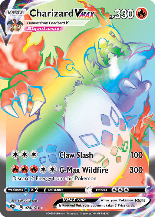 A Pokémon card from the Champion's Path set featuring a Secret Rare Charizard VMAX with an HP of 330. Charizard is depicted in vibrant colors against a fiery background. The card lists two attacks: Claw Slash with 100 damage and G-Max Wildfire with 300 damage. The card number is 074/073, illustrated by aky CG Works.

Product Name: Charizard VMAX (074/073) [Sword & Shield: Champion's Path]
Brand Name: Pokémon