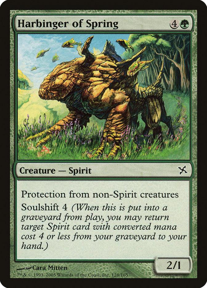 The "Harbinger of Spring" card from Magic: The Gathering's Betrayers of Kamigawa set features a Creature Spirit resembling a leafy turtle within a lush forest. This green-bordered card offers protection from non-Spirit creatures and includes the Soulshift 4 ability, with power and toughness ratings of 2/1, symbolizing the enduring strength of nature.