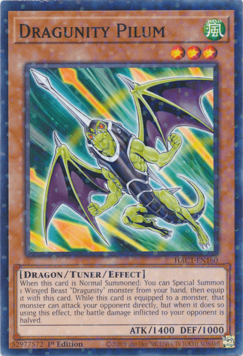 The image is a "Dragunity Pilum (Duel Terminal) [HAC1-EN160] Common" Yu-Gi-Oh! trading card. It features a green-skinned, humanoid dragon wielding a spear, with large wings and a helmet with horns. The card details its effects and statistics: it's a WIND attribute Dragunity Tuner Effect Monster with 1400 ATK and 1000 DEF.