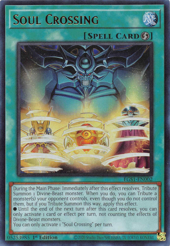 Image of the "Soul Crossing [EGS1-EN002] Ultra Rare" Yu-Gi-Oh! Spell Card. The card features a dark, mystical figure with glowing eyes and outstretched hands above a glowing circle. A swirling blue mist forms the background. Text outlines card effects, including using Soul Crossing to Tribute Summon a Divine-Beast monster by tributing opponent's monsters.