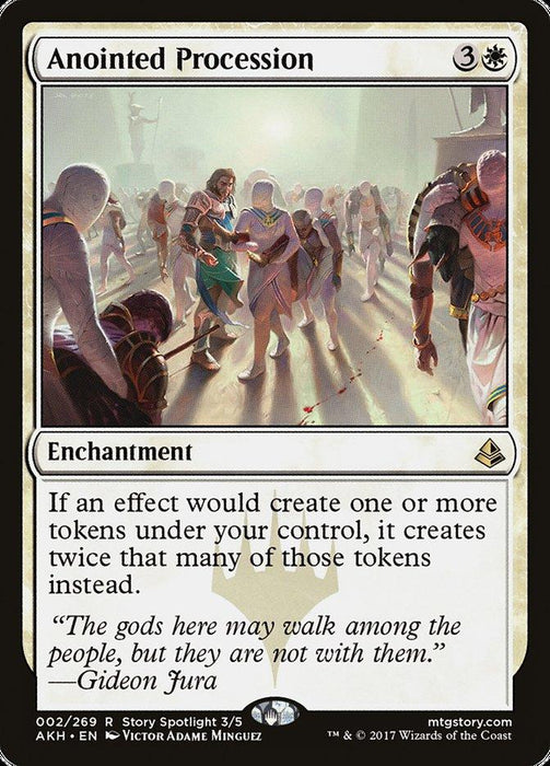 A Magic: The Gathering product titled "Anointed Procession [Amonkhet]" from the Amonkhet set. This Rare Enchantment, costing 3 and a white mana, features artwork by Victor Adame Minguez depicting figures in ceremonial robes walking through a temple. Its powerful effect doubles token creation.