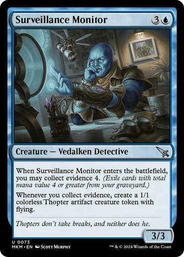 The "Surveillance Monitor" from Magic: The Gathering's "Murders at Karlov Manor" features a white-themed Vedalken Detective at a desk with Thopter artifacts, analyzing holographic displays. With abilities to gather evidence and craft Thopter tokens, the card has stats of 3/3.