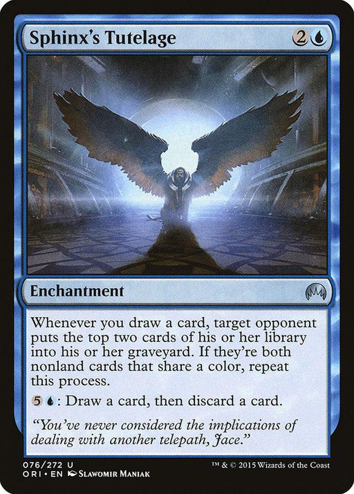 The image is a Sphinx's Tutelage [Magic Origins] card titled "Sphinx's Tutelage," an uncommon enchantment from Magic: The Gathering. It depicts a majestic winged sphinx with glowing eyes in a contemplative pose inside an ancient, mystical setting. The card costs 2 colorless and 1 blue mana, and its text describes milling and draw/discard effects. Numbered 76/272, the