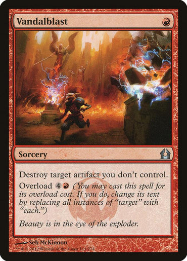 A "Vandalblast [Return to Ravnica]" Magic: The Gathering card from the Return to Ravnica set. The artwork depicts a chaotic scene with a warrior dodging a massive explosion, surrounded by fiery debris and shattered artifacts. This red sorcery destroys target artifacts the player doesn't control and offers an overload option.