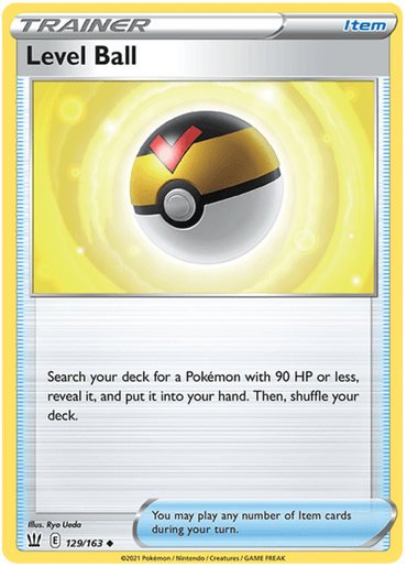 A Pokémon trading card titled "Level Ball (129/163) [Sword & Shield: Battle Styles]" from the Pokémon series. This uncommon card features an image of a Level Ball with a yellow upper half and black stripe, set against a glowing yellow background. The text explains its function: searching for a Pokémon with 90 HP or less.