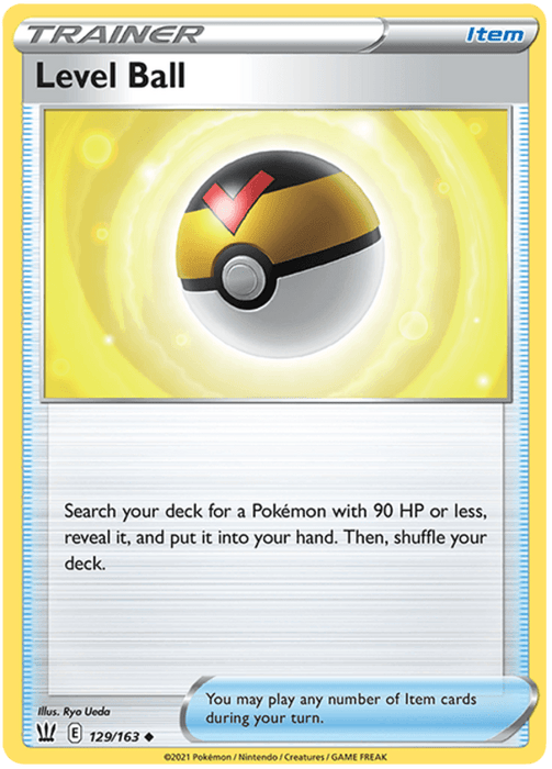A Pokémon trading card titled "Level Ball (129/163) [Sword & Shield: Battle Styles]" from the Pokémon series. This uncommon card features an image of a Level Ball with a yellow upper half and black stripe, set against a glowing yellow background. The text explains its function: searching for a Pokémon with 90 HP or less.