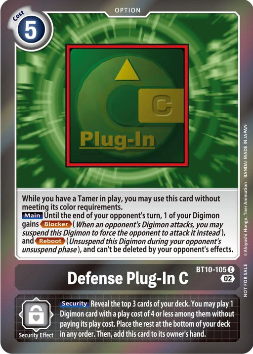 A "Digimon Card Game" card titled "Defense Plug-In C [BT10-105] (Event Pack 4) [Xros Encounter Promos]" with a green swirling background. The Option card, labeled as BT10-105 C, costs 5. It includes game instructions and an icon with the letter "C" in the center and "Plug-In" below it—perfect for every aspiring Tamer!