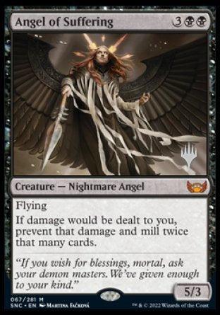 A Magic: The Gathering card titled "Angel of Suffering (Promo Pack) [Streets of New Capenna Promos]" from the mythic rarity set. It features dark, gothic artwork of a Nightmare Angel with a somber expression. The card costs 3 generic mana and 2 black mana, is a 5/3 creature with flying, and prevents damage to the player by milling twice that many cards instead.