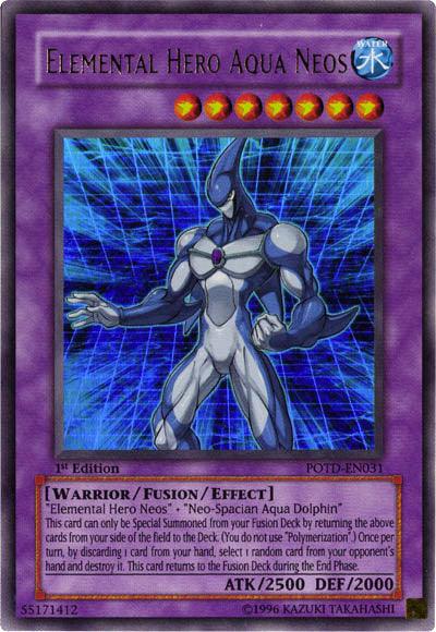 A Yu-Gi-Oh! trading card titled "Elemental Hero Aqua Neos [POTD-EN031] Ultra Rare." It features an armored, blue humanoid figure with fins and a dolphin-like head. This Ultra Rare Fusion/Effect Monster, part of the Elemental Hero Neos series, boasts 2500 attack points and 2000 defense points. There is descriptive text in a red box.