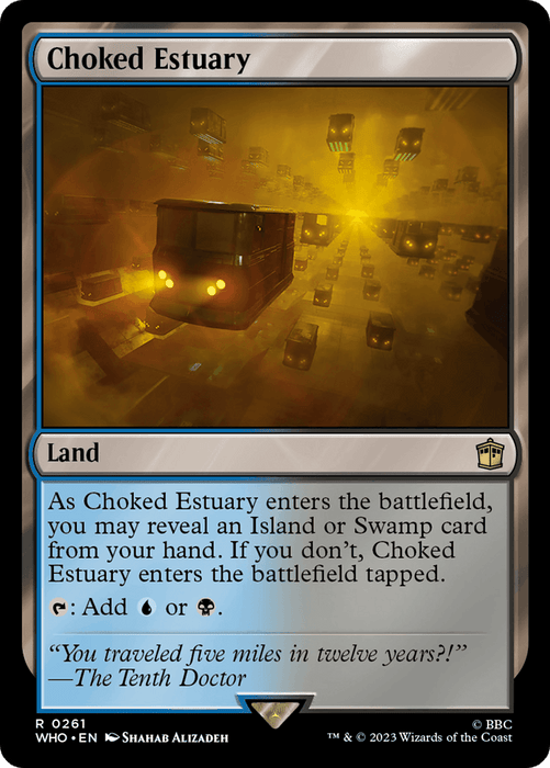 Magic: The Gathering card "Choked Estuary [Doctor Who]." The card art showcases hovering vehicles in a thick, yellow fog above shadowed buildings, with the sky glowing in yellowish hues. The text box explains that this land can reveal an Island or Swamp card and provides blue or black mana—a setting reminiscent of Doctor Who's eerie landscapes.