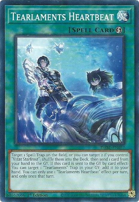 A "Tearlaments Heartbeat [DABL-EN057] Common" Yu-Gi-Oh! Quick-Play Spell card featuring Visas Starfrost and another character in a mystical, icy background with water flowing around them. One wields a sword while the other casts a spell. The card's effect: target and shuffle a Spell/Trap or send to GY and add a "Tearlaments" Trap.