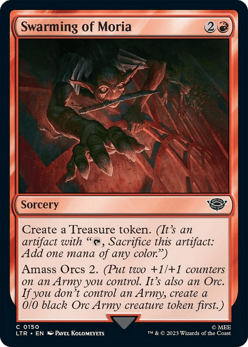 A Magic: The Gathering card named "Swarming of Moria [The Lord of the Rings: Tales of Middle-Earth]." This red sorcery card, featuring art by Pavel Kolomeytsev, requires 2 generic mana and 1 red mana to cast. Depicting a dark orc emerging from shadows, it reads: "Create a Treasure token. Amass Orcs 2." Inspired by Tales of Middle-Earth.