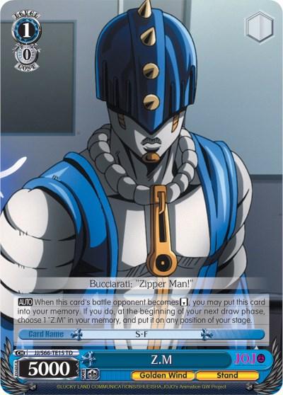 A trading card from the anime JoJo's Bizarre Adventure featuring Bucciarati. Wearing a blue and white outfit with a helmet, Bucciarati boasts 5000 power. This card, part of the "Golden Wind" Trial Deck series under the product name Z.M (JJ/S66-TE15 TD) [JoJo's Bizarre Adventure: Golden Wind], details his unique abilities during gameplay by Bushiroad.