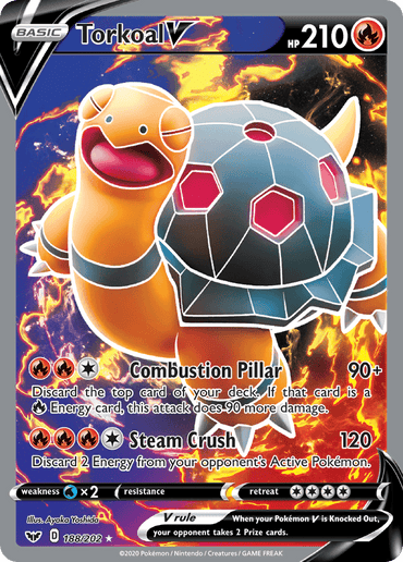 A Pokémon Torkoal V (188/202) [Sword & Shield: Base Set] trading card depicting an orange turtle-like figure with 210 HP. Torkoal has a rocky shell emitting steam, with flames in the background. Its moves are "Combustion Pillar" and "Steam Crush." This Fire Type card is from the Pokémon Sword & Shield Base Set.