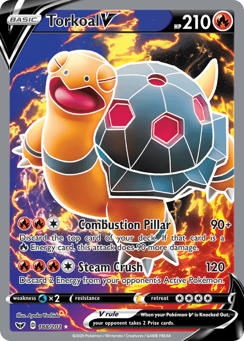 A Pokémon Torkoal V (188/202) [Sword & Shield: Base Set] trading card depicting an orange turtle-like figure with 210 HP. Torkoal has a rocky shell emitting steam, with flames in the background. Its moves are "Combustion Pillar" and "Steam Crush." This Fire Type card is from the Pokémon Sword & Shield Base Set.