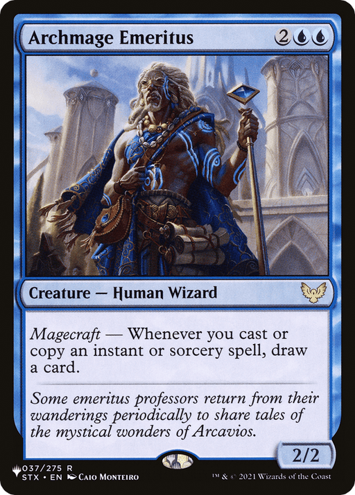 A "Magic: The Gathering" card titled "Archmage Emeritus [The List]," a rare Human Wizard with stunning artwork depicting an elderly, bearded wizard casting a spell in front of an ornate, cathedral-like structure. This 2/2 Creature costs 2 blue and 2 generic mana and features the Magecraft ability.