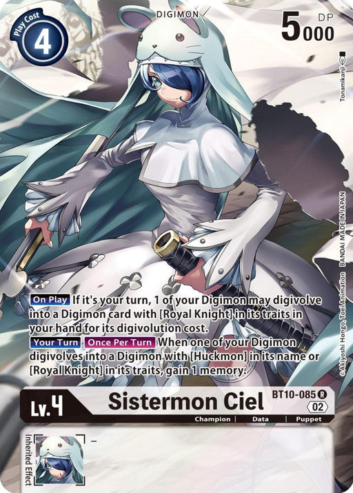 A Digimon card featuring Sistermon Ciel [BT10-085] (Alternate Art) [Xros Encounter] from the Digimon series. The card has a play cost of 4 and an attack power of 5000 DP. Sistermon Ciel, dressed in a blue outfit with a white bunny hat, has abilities like digivolution and memory gain effects. It is categorized under BT10-085 R.