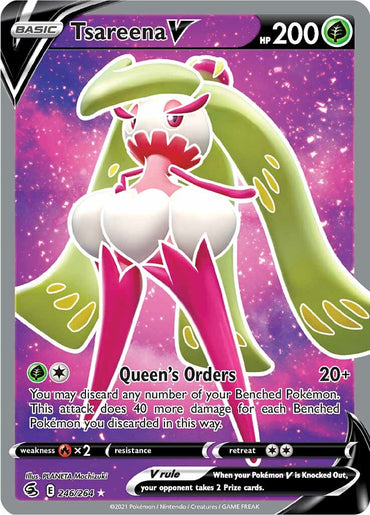 A Pokémon trading card, Tsareena V (246/264) from the Sword & Shield: Fusion Strike series, features Tsareena as a stylized, humanoid plant with a pink and white color scheme accented by green leaves. The card's cosmic, star-filled gradient background emphasizes its Ultra Rare status and showcases HP 200 along with the move "Queen's Orders.