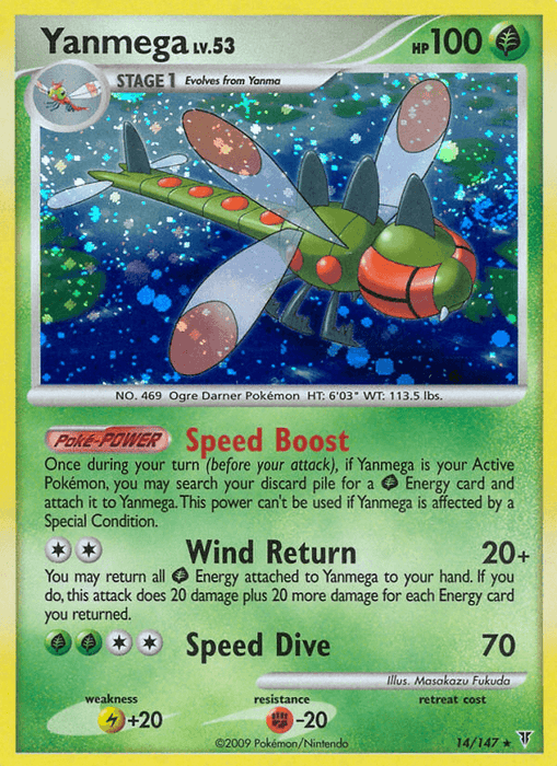 Image of a Holo Rare Pokémon trading card featuring Yanmega, a dragonfly-like Pokémon with green and red coloring. The card, from the Platinum: Supreme Victors series, has 100 HP and evolves from Yanma. It boasts two moves: “Wind Return” and “Speed Dive,” alongside its stats, abilities, weight, and height. Product Name: Yanmega (14/147) [Platinum: Supreme Victors] Brand Name: Pokémon