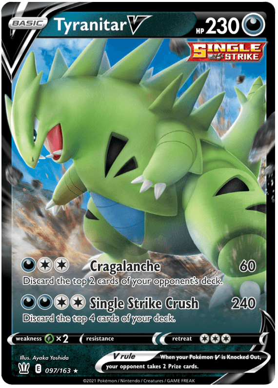 Image of a Pokémon Tyranitar V (097/163) [Sword & Shield: Battle Styles]. Tyranitar is depicted as a large, green dinosaur-like creature with dark triangular patterns on its body. The card has 230 HP and is a Single Strike card, showcasing 