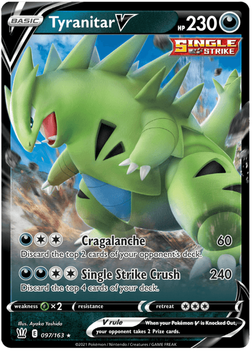 Image of a Pokémon Tyranitar V (097/163) [Sword & Shield: Battle Styles]. Tyranitar is depicted as a large, green dinosaur-like creature with dark triangular patterns on its body. The card has 230 HP and is a Single Strike card, showcasing "Cragalanche" and "Single Strike Crush." The card number is 097/163.