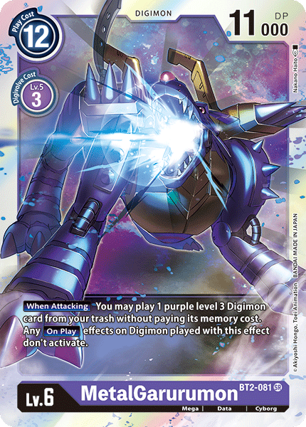 The MetalGarurumon [BT2-081] card from the Digimon Release Special Booster Ver.1.0 set features a powerful cyborg Digimon armored with metallic plates and wings, emanating blue energy. As a purple Level 6 Mega Digimon, it offers 11,000 DP and has a play cost of 12. Its special ability allows you to play a level 3 Digimon card from the trash without using any memory.