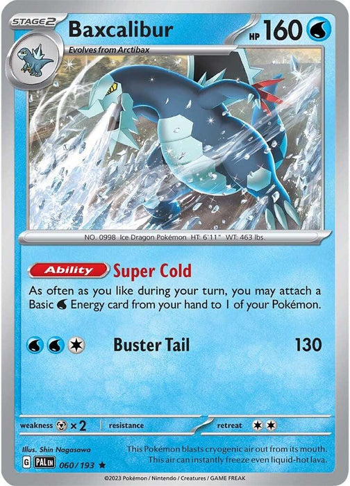 A Pokémon trading card featuring Baxcalibur (060/193) [Scarlet & Violet: Paldea Evolved] from the Pokémon series. The card shows a water and ice dragon with icicles around it. Baxcalibur has 160 HP and showcases its abilities: "Super Cold" and the attack "Buster Tail," which does 130 damage. Illustrated by Shin Nagasawa, it's numbered 060/193, a Stage 2 evolution from
