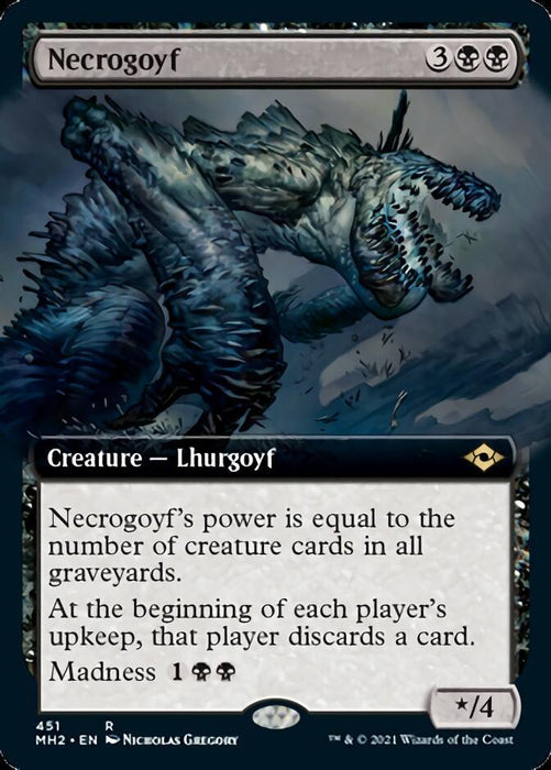 The image shows a Magic: The Gathering card named "Necrogoyf (Extended Art) [Modern Horizons 2]," from Magic: The Gathering. It's a creature card of type Lhurgoyf, costing 3 generic mana and 2 black mana (3BB). Its power is equal to the number of creature cards in all graveyards, has Madness for 1BB, and a toughness of 4. The illustration by