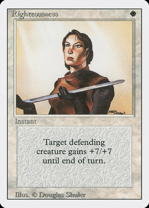 A Magic: The Gathering card named "Righteousness [Revised Edition]." This Rare card features an illustration of a determined person in armor holding a sword. The text reads: "Target defending creature gains +7/+7 until end of turn." The white border signifies it's an Instant. Artwork by Douglas Shuler, from the Revised Edition.