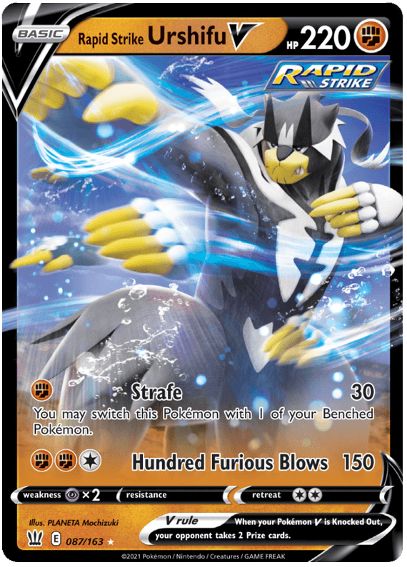 A Pokémon Rapid Strike Urshifu V (087/163) [Sword & Shield: Battle Styles] card with 220 HP from the Sword & Shield: Battle Styles series. This Ultra Rare card features Urshifu in a dynamic pose with blue and yellow accents. Its moves are 