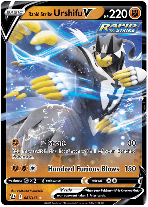 A Pokémon Rapid Strike Urshifu V (087/163) [Sword & Shield: Battle Styles] card with 220 HP from the Sword & Shield: Battle Styles series. This Ultra Rare card features Urshifu in a dynamic pose with blue and yellow accents. Its moves are "Strafe" (30 damage) and "Hundred Furious Blows" (150 damage). Illustrated by PLANETA Mochizuki, numbered 087/163.