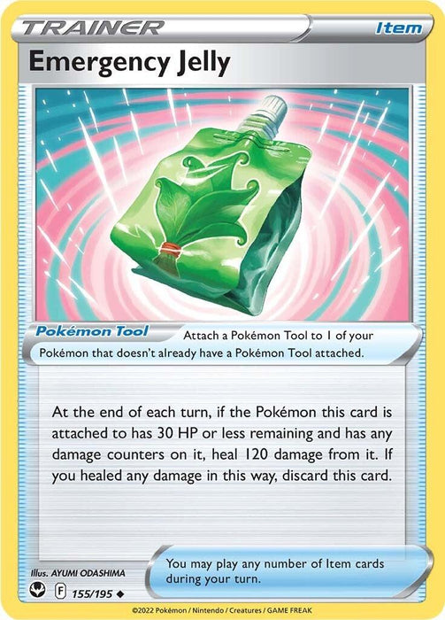 The image shows a Pokémon Trading Card named "Emergency Jelly (155/195) [Sword & Shield: Silver Tempest]." It is an Uncommon Trainer Item card from the Silver Tempest set of Sword & Shield. The card illustration depicts a green, leaf-shaped jelly glowing with light. It heals Pokémon with 30 HP or less by 120 HP, then discards the card.