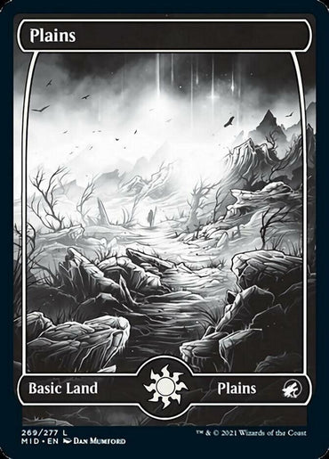 A black and white illustration of a "Plains (269) [Innistrad: Midnight Hunt]" Magic: The Gathering card. The scene depicts a desolate landscape with cracked earth, scattered rocks, sparse grass, and jagged mountains under a gloomy sky pierced by descending rays of light. Text on the card includes "Basic Land" and "Plains.