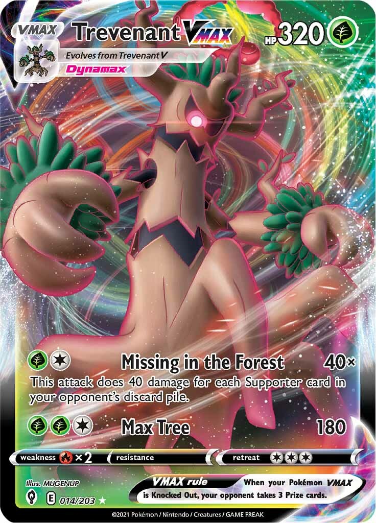 The Trevenant VMAX (014/203) card from the Pokémon Sword & Shield: Evolving Skies series showcases vibrant artwork and 320 HP, with 