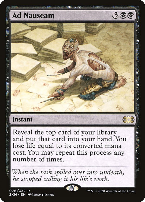 The image depicts a Magic: The Gathering card titled "Ad Nauseam [Double Masters]." This rare card from the Magic: The Gathering set features an illustration of a twisted figure with pale skin and unnatural limbs emerging from a dark, ceremonial area littered with papers. The text details its instant effect and flavor text about an unceasing task.